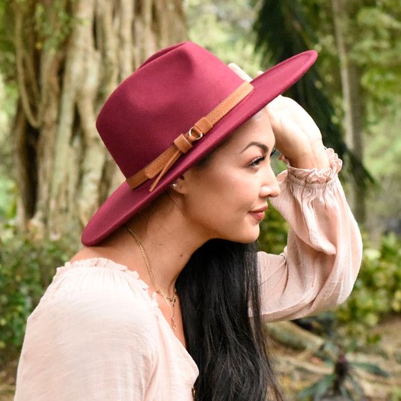 Burgundy Wide Brim Hat - Picture 2 of 3